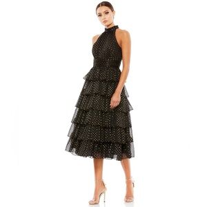 Mac Duggal Black Layered Polka Dot Cocktail Dress in Black/Gold, NWT, Size 8